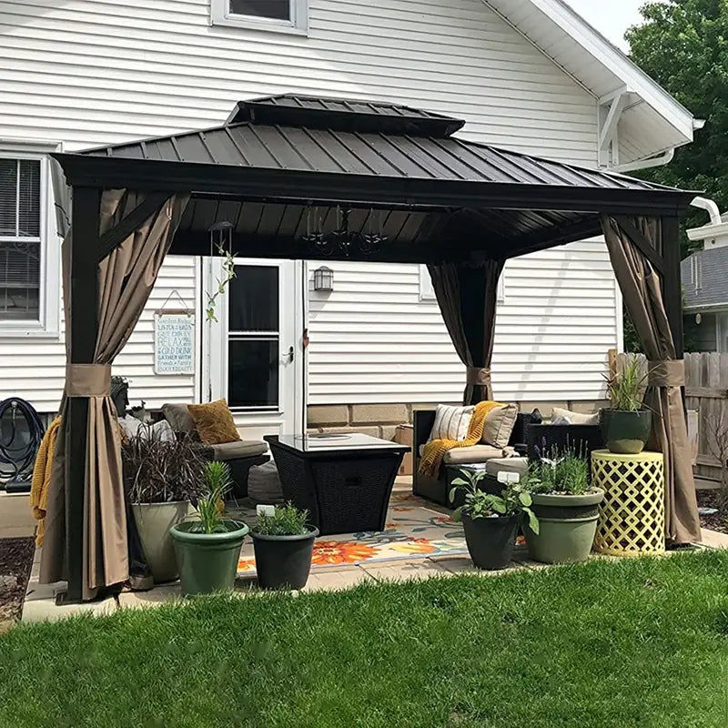 Hardtop Gazebo Brown with Drainage Gutters