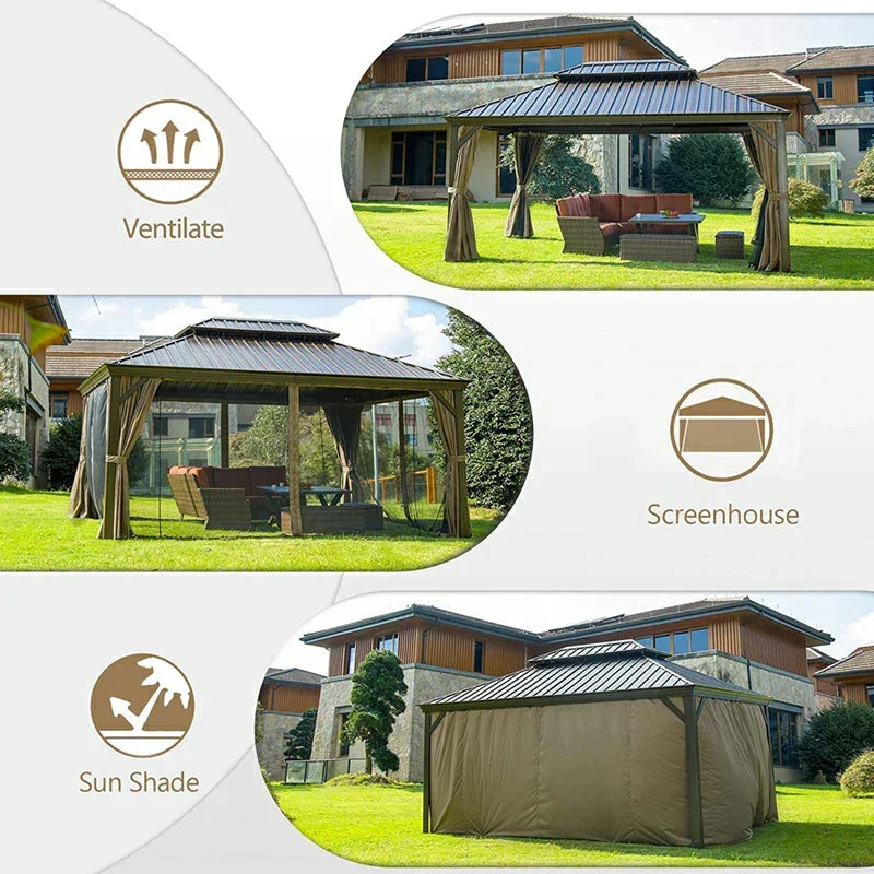 Hardtop Gazebo Brown with Drainage Gutters
