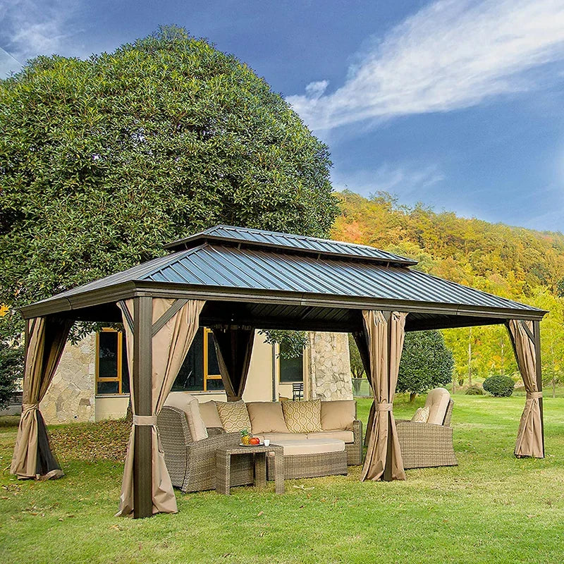 Hardtop Gazebo Brown with Drainage Gutters