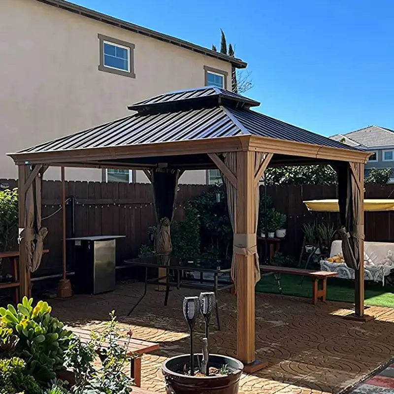 Hardtop Gazebo Wood-Looking with Drainage Gutters