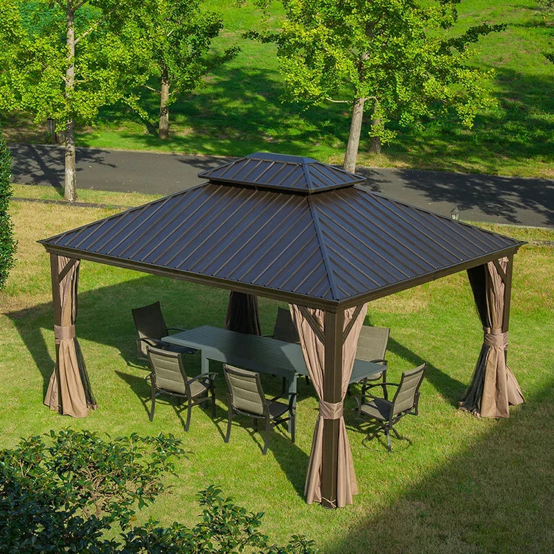 Hardtop Gazebo Brown with Drainage Gutters