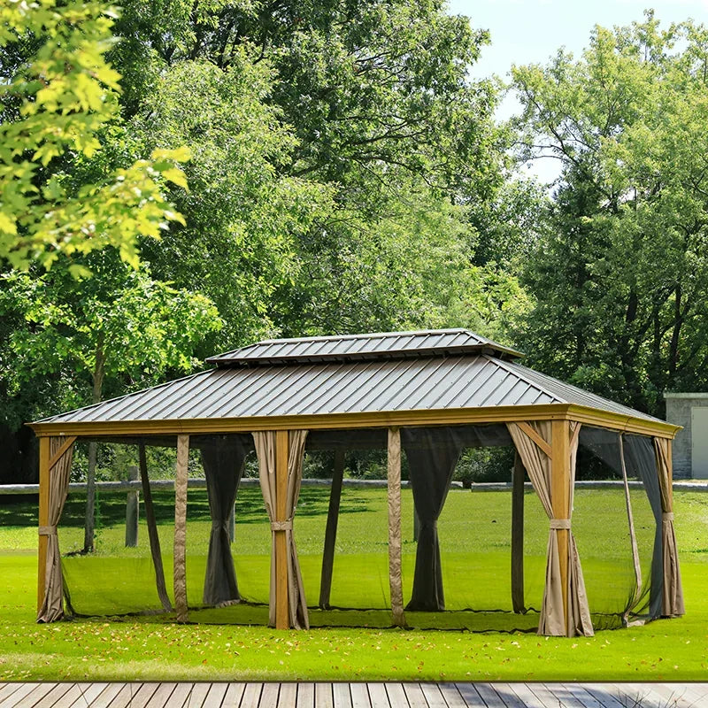 Hardtop Gazebo Wood-Looking with Drainage Gutters