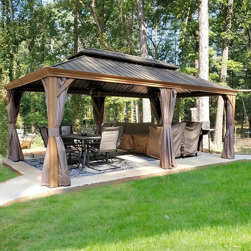 Hardtop Gazebo Wood-Looking with Drainage Gutters