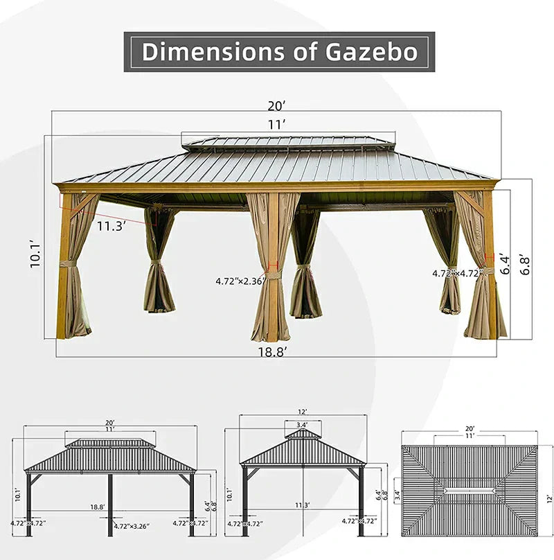 Hardtop Gazebo Wood-Looking with Drainage Gutters