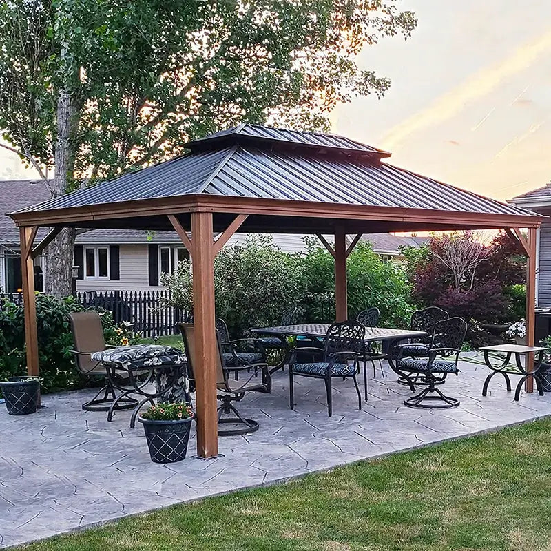 Hardtop Gazebo Wood-Looking with Drainage Gutters