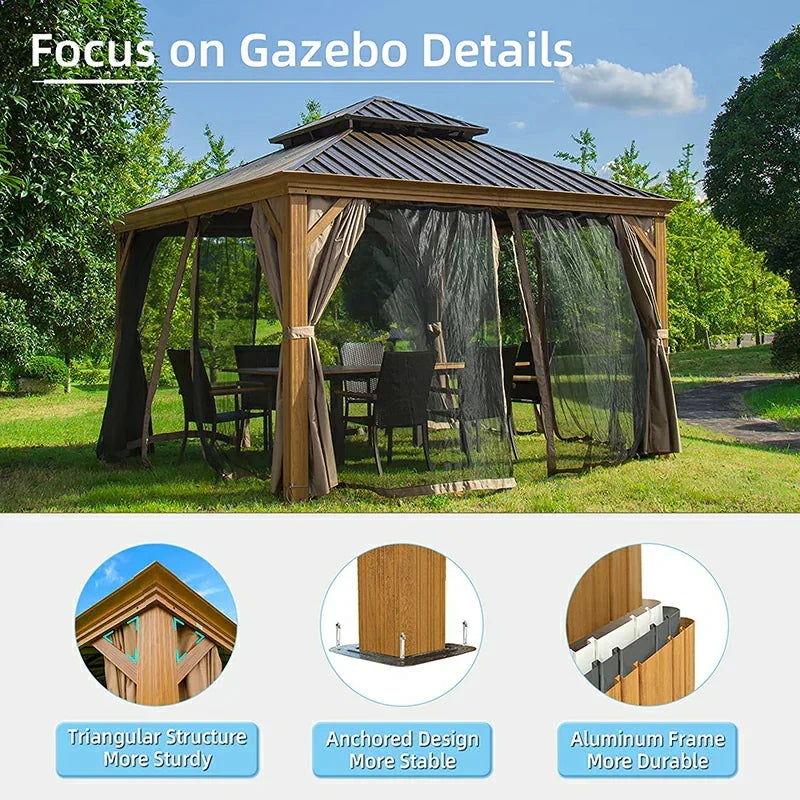 Hardtop Gazebo Wood-Looking with Drainage Gutters