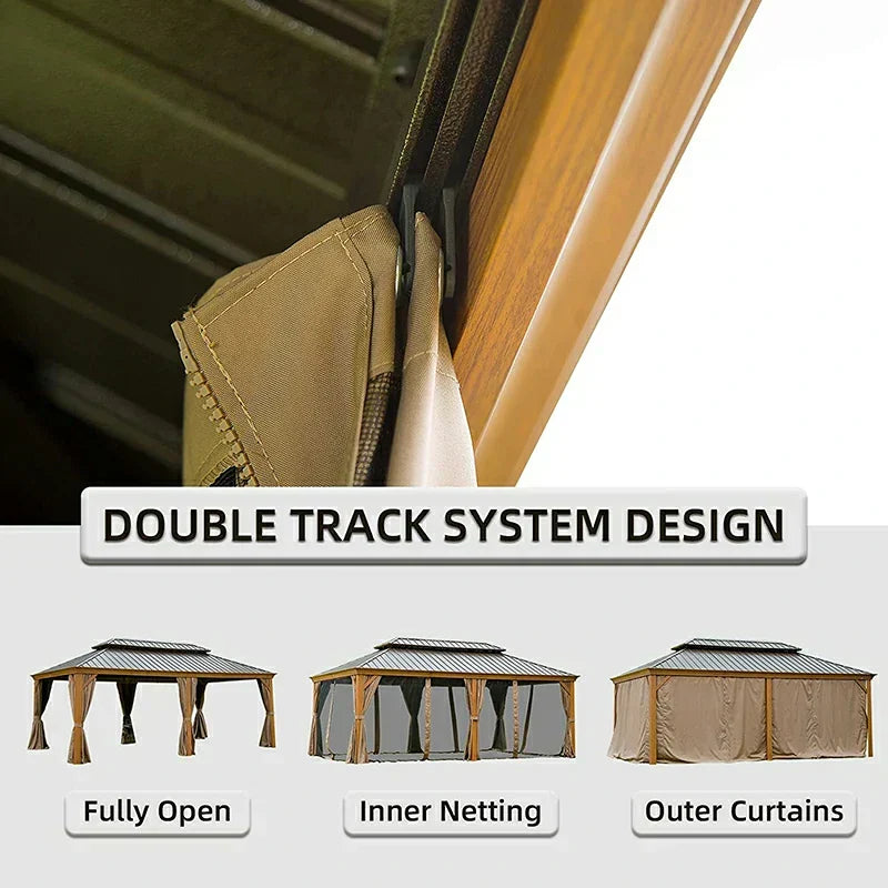 Hardtop Gazebo Wood-Looking with Drainage Gutters