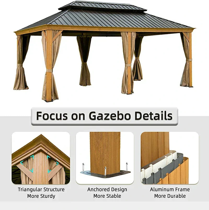 Hardtop Gazebo Wood-Looking with Drainage Gutters