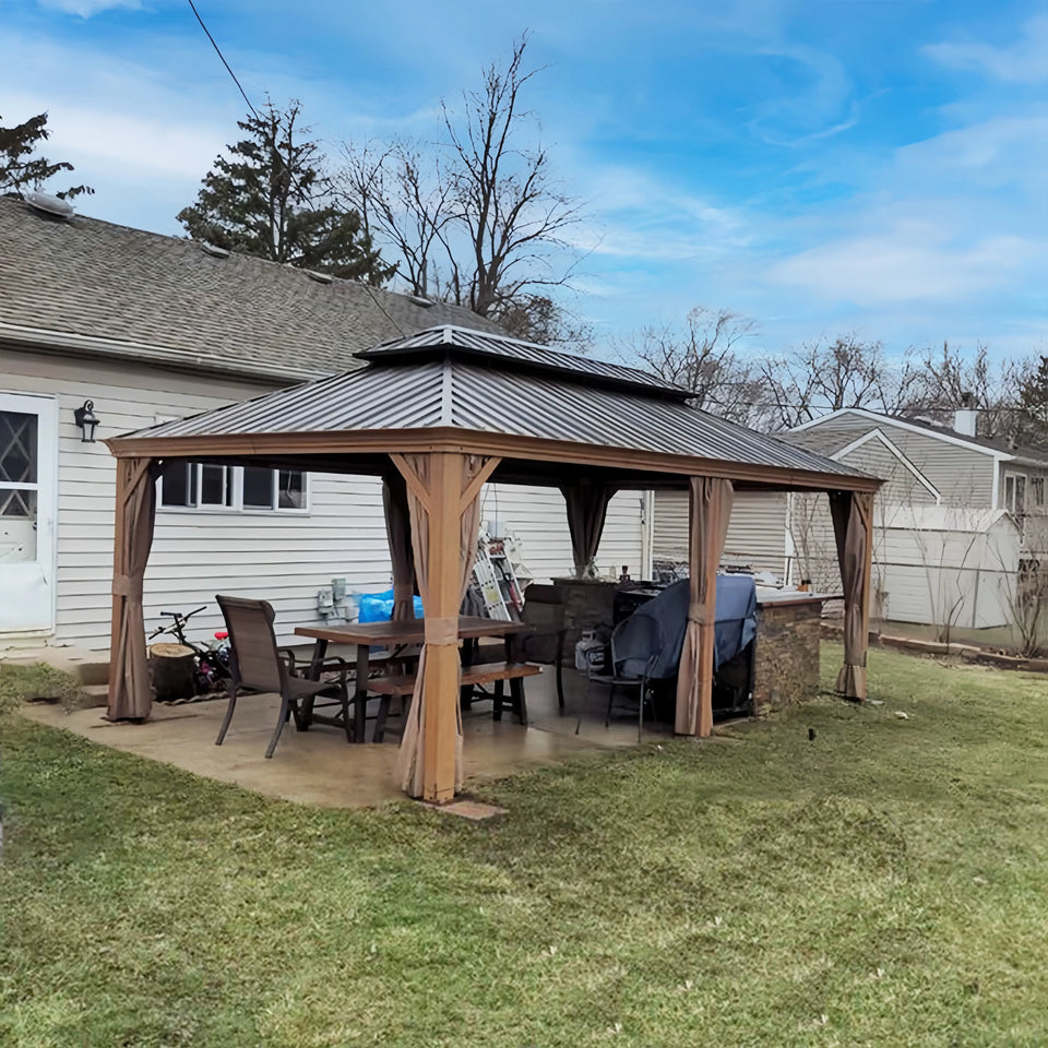 Hardtop Gazebo Wood-Looking with Drainage Gutters