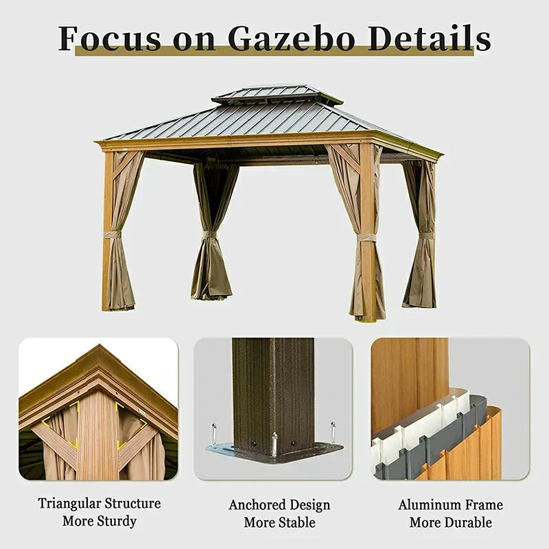 Hardtop Gazebo Wood-Looking with Drainage Gutters
