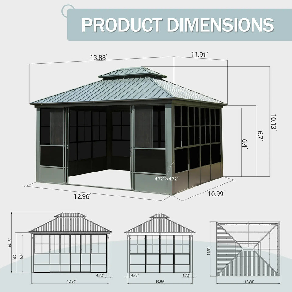 12'x14' Four-Season Solarium- Patio Sunroom Aluminum Hardtop Gazebo