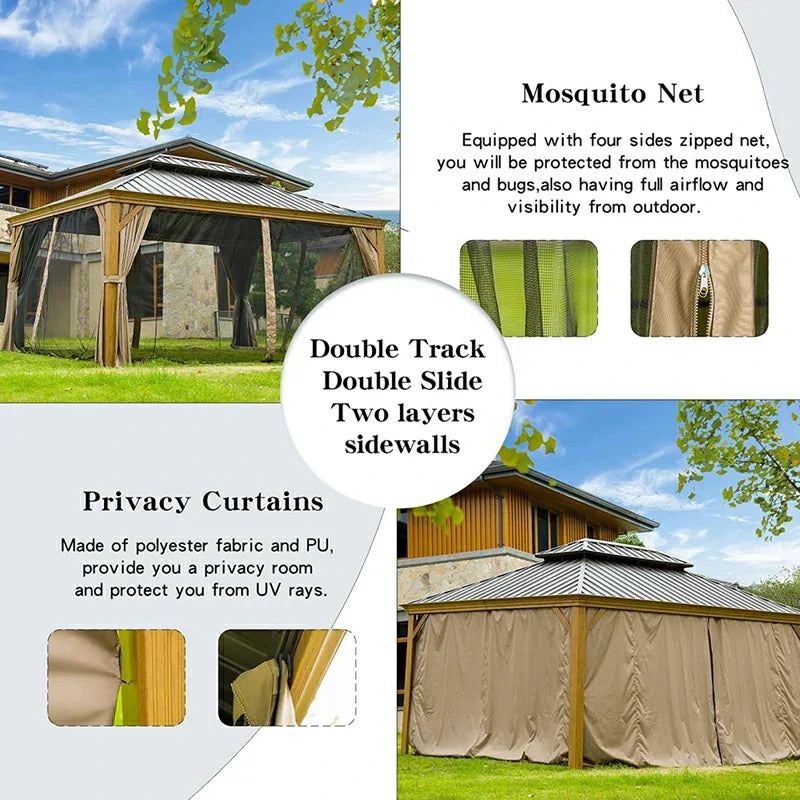 Hardtop Gazebo Wood-Looking with Drainage Gutters