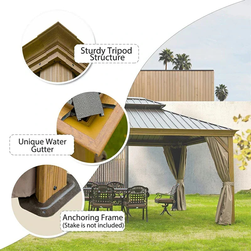Hardtop Gazebo Wood-Looking with Drainage Gutters