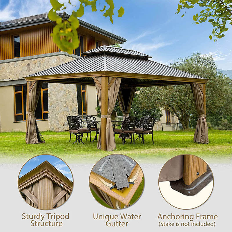 Hardtop Gazebo Wood-Looking with Drainage Gutters