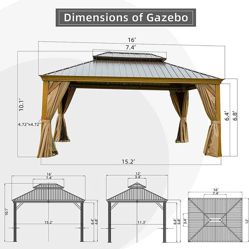 Hardtop Gazebo Wood-Looking with Drainage Gutters