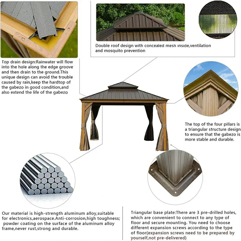 Hardtop Gazebo Wood-Looking with Drainage Gutters