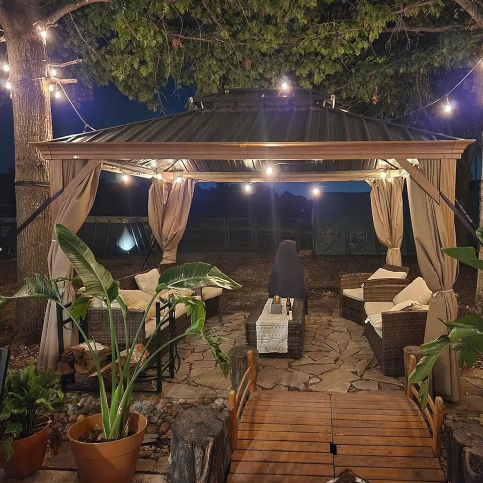 Hardtop Gazebo Wood-Looking with Drainage Gutters