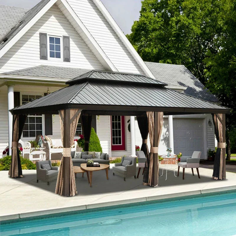Hardtop Gazebo Brown with Drainage Gutters