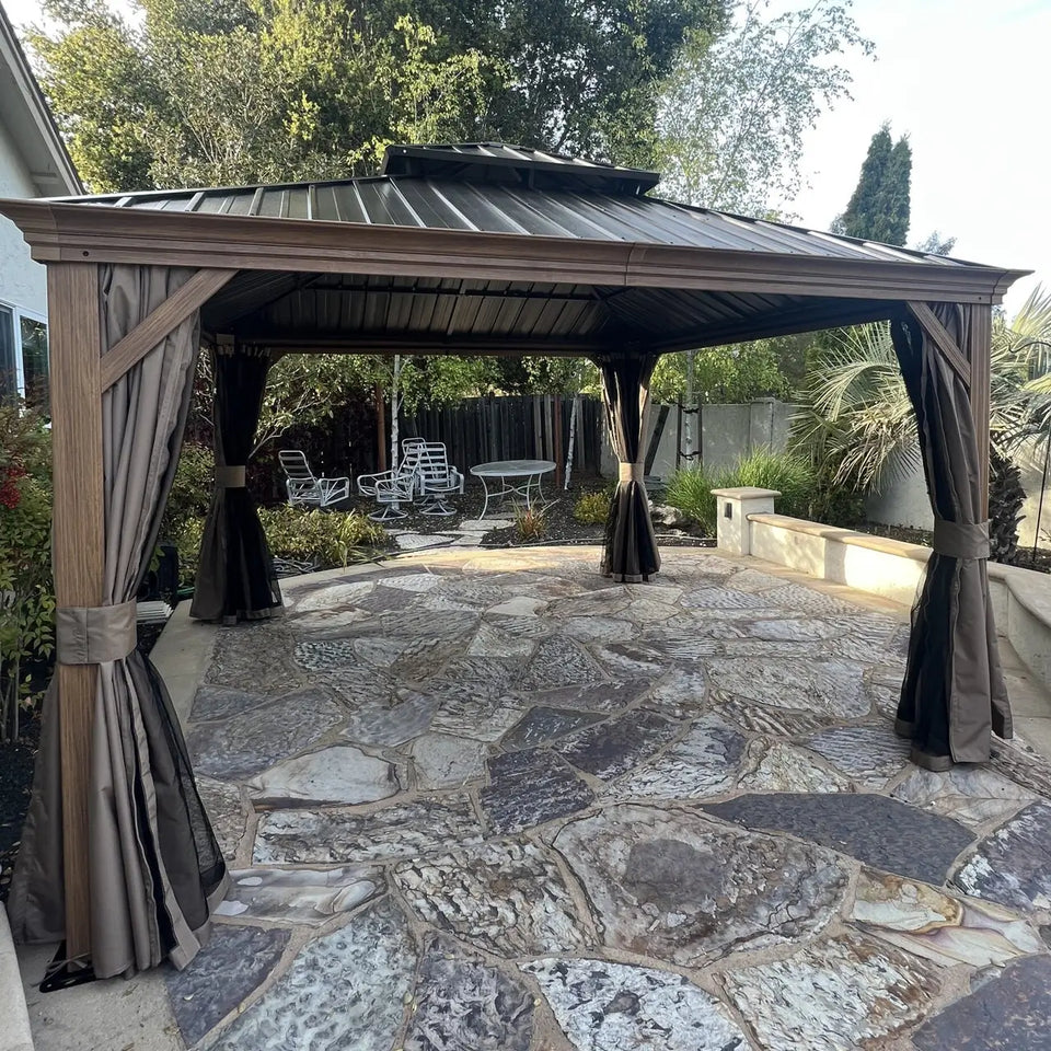 Hardtop Gazebo Wood-Looking with Drainage Gutters