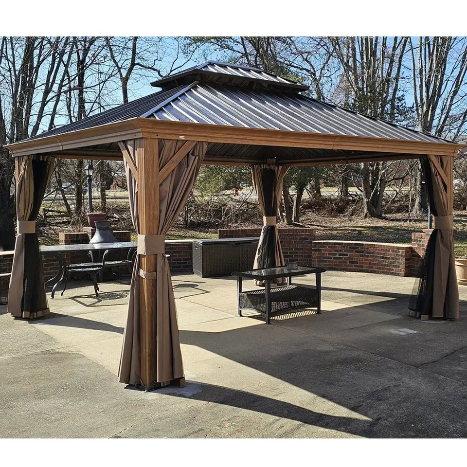 Hardtop Gazebo Wood-Looking with Drainage Gutters