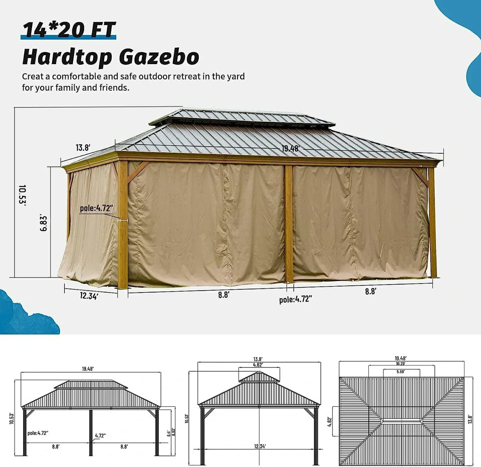 Hardtop Gazebo Wood-Looking with Drainage Gutters