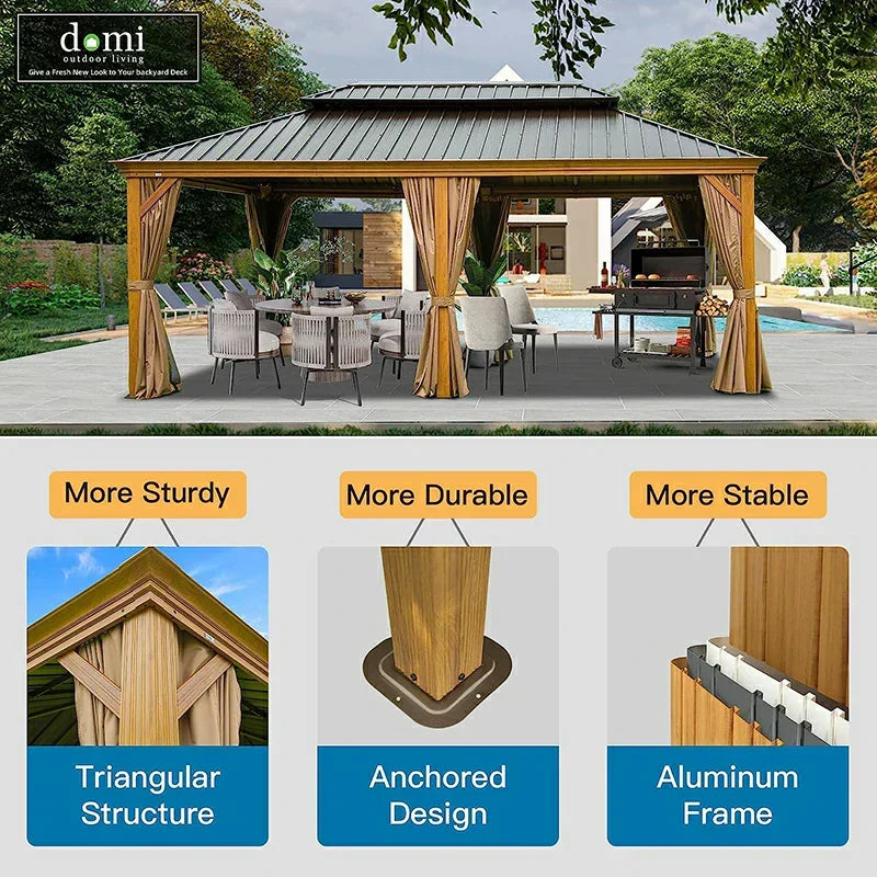 Hardtop Gazebo Wood-Looking with Drainage Gutters