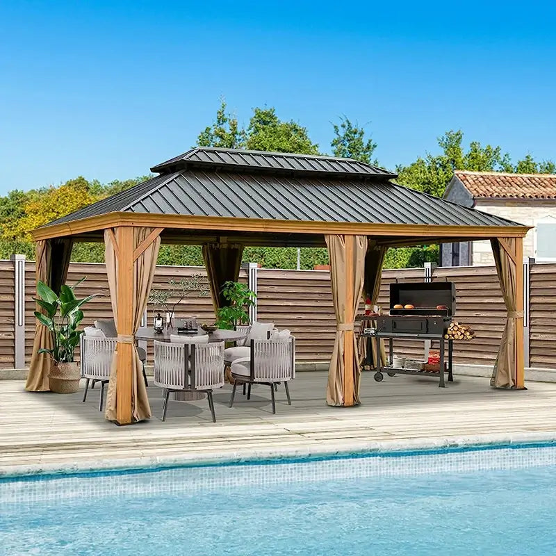 Hardtop Gazebo Wood-Looking with Drainage Gutters