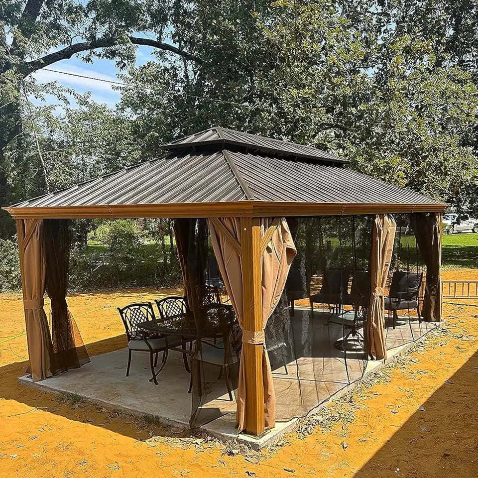 Hardtop Gazebo Wood-Looking with Drainage Gutters