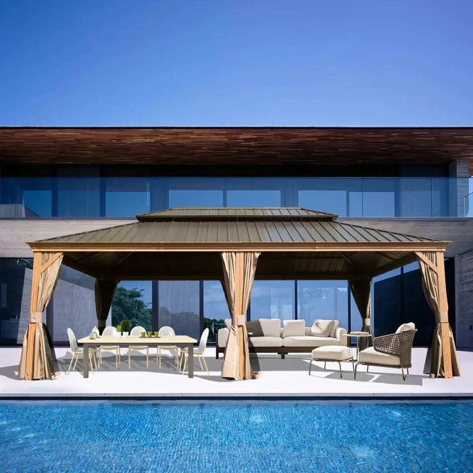 Hardtop Gazebo Wood-Looking with Drainage Gutters