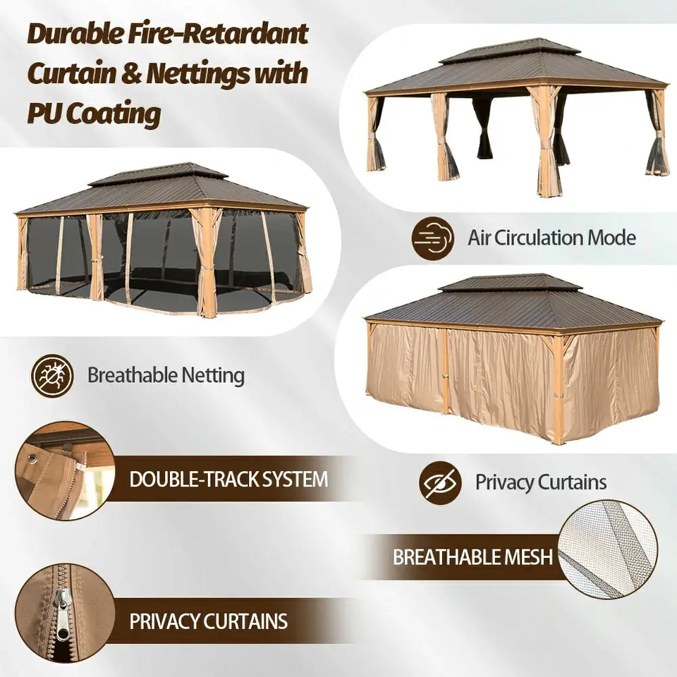 Hardtop Gazebo Wood-Looking with Drainage Gutters