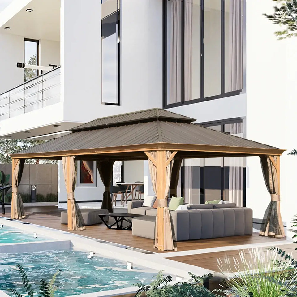Hardtop Gazebo Wood-Looking with Drainage Gutters