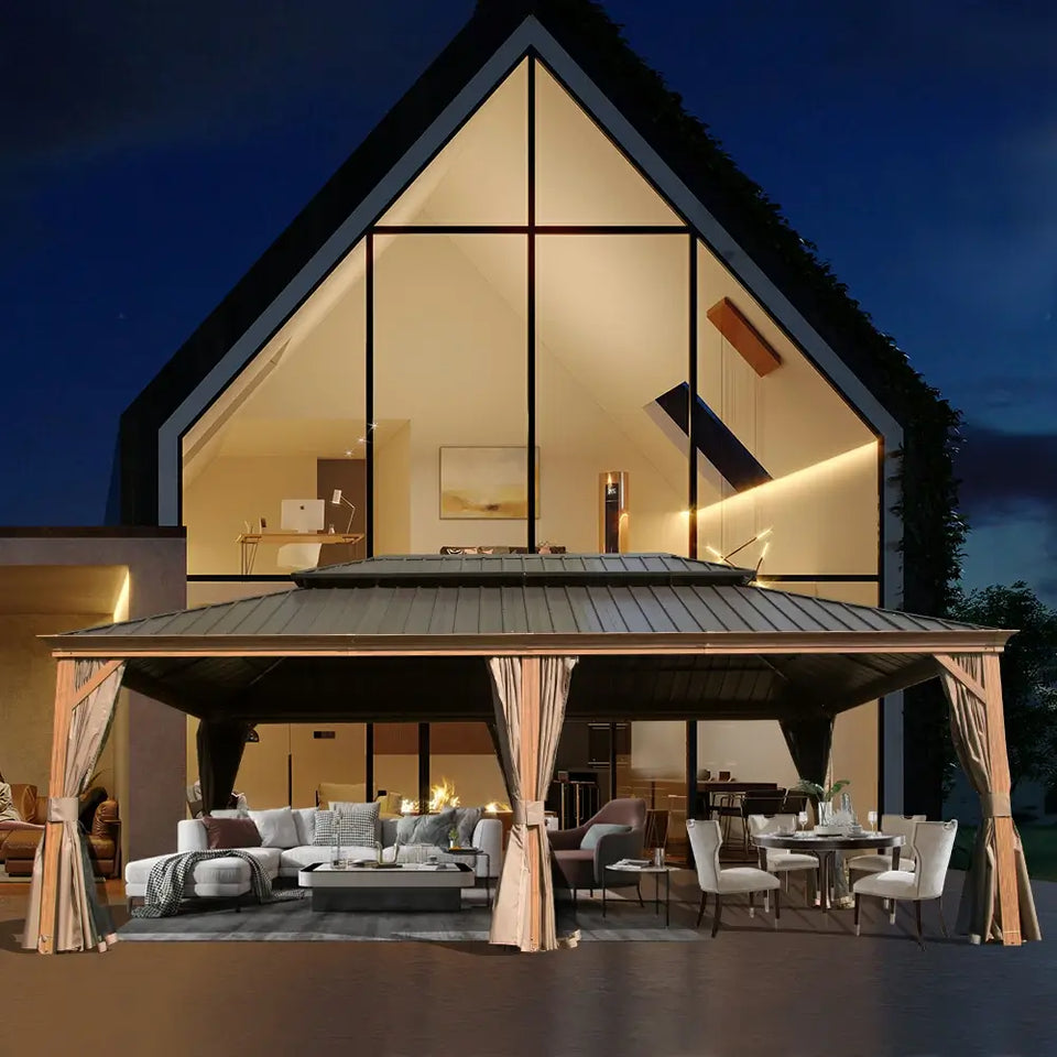 Hardtop Gazebo Wood-Looking with Drainage Gutters