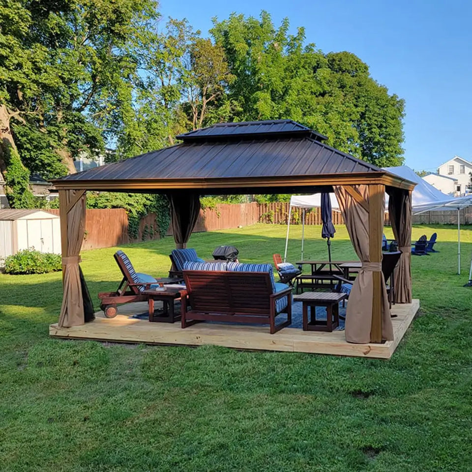 Hardtop Gazebo Wood-Looking with Drainage Gutters
