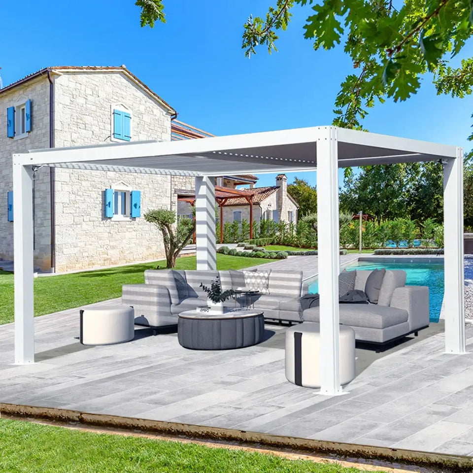 Louvered Pergola White W/O Curtain & Netting