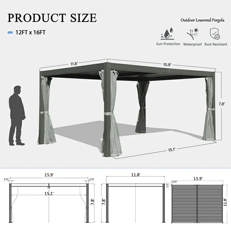 Louvered Pergola Dark Gray with Galvanized Steel Roof
