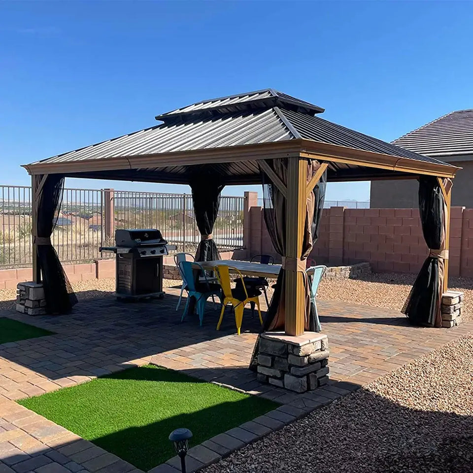 Hardtop Gazebo Wood-Looking with Drainage Gutters